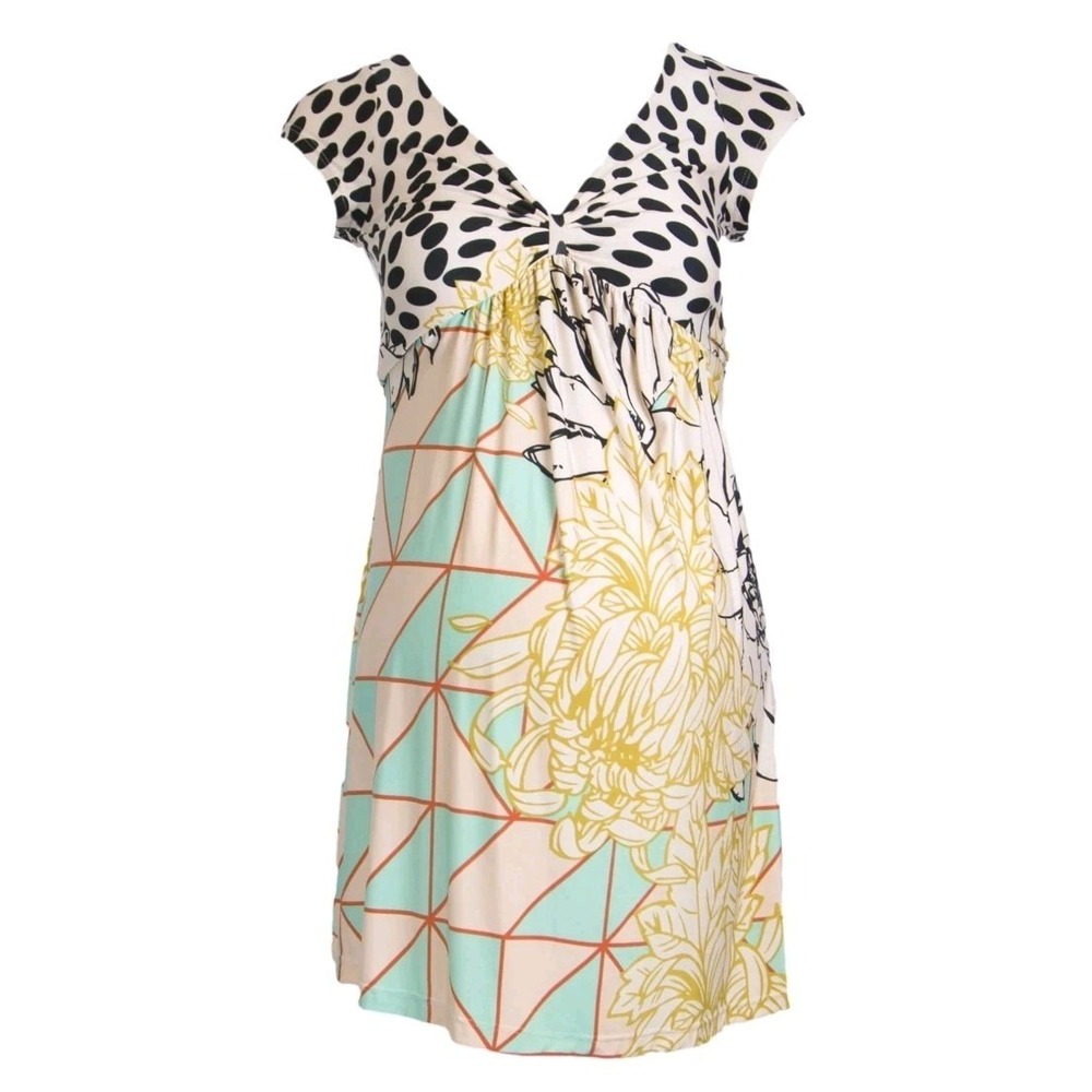 OLIAN Maternity Women's Pastel Abstract Print Short Sleeve V-Neck Top XS $98 NWT